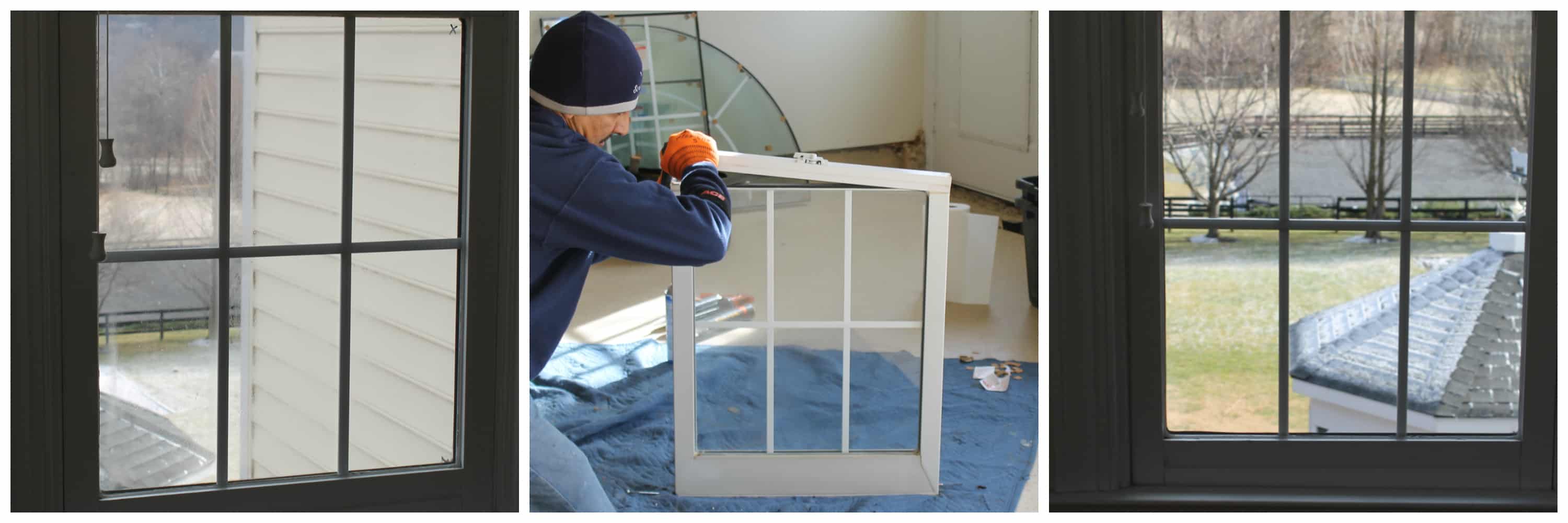 An American Screen & Glass technician working on a removed window sash