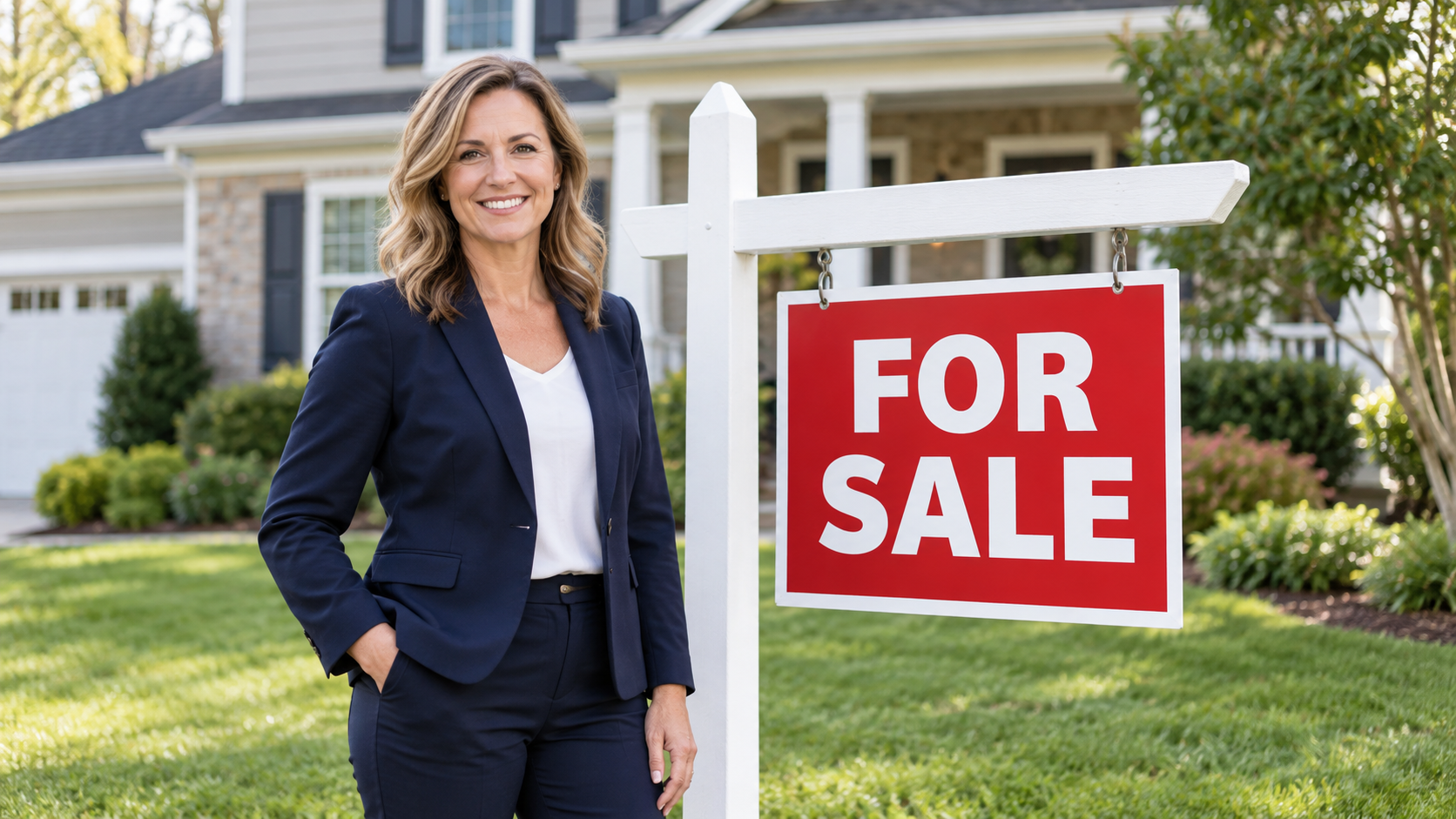 Illustrative realtor outside a home