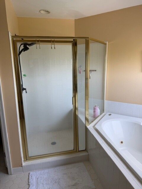 A gold-tone framed shower enclosure beside a bathtub