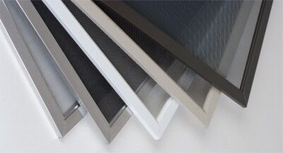 Window screen frame samples in several colors fanned out